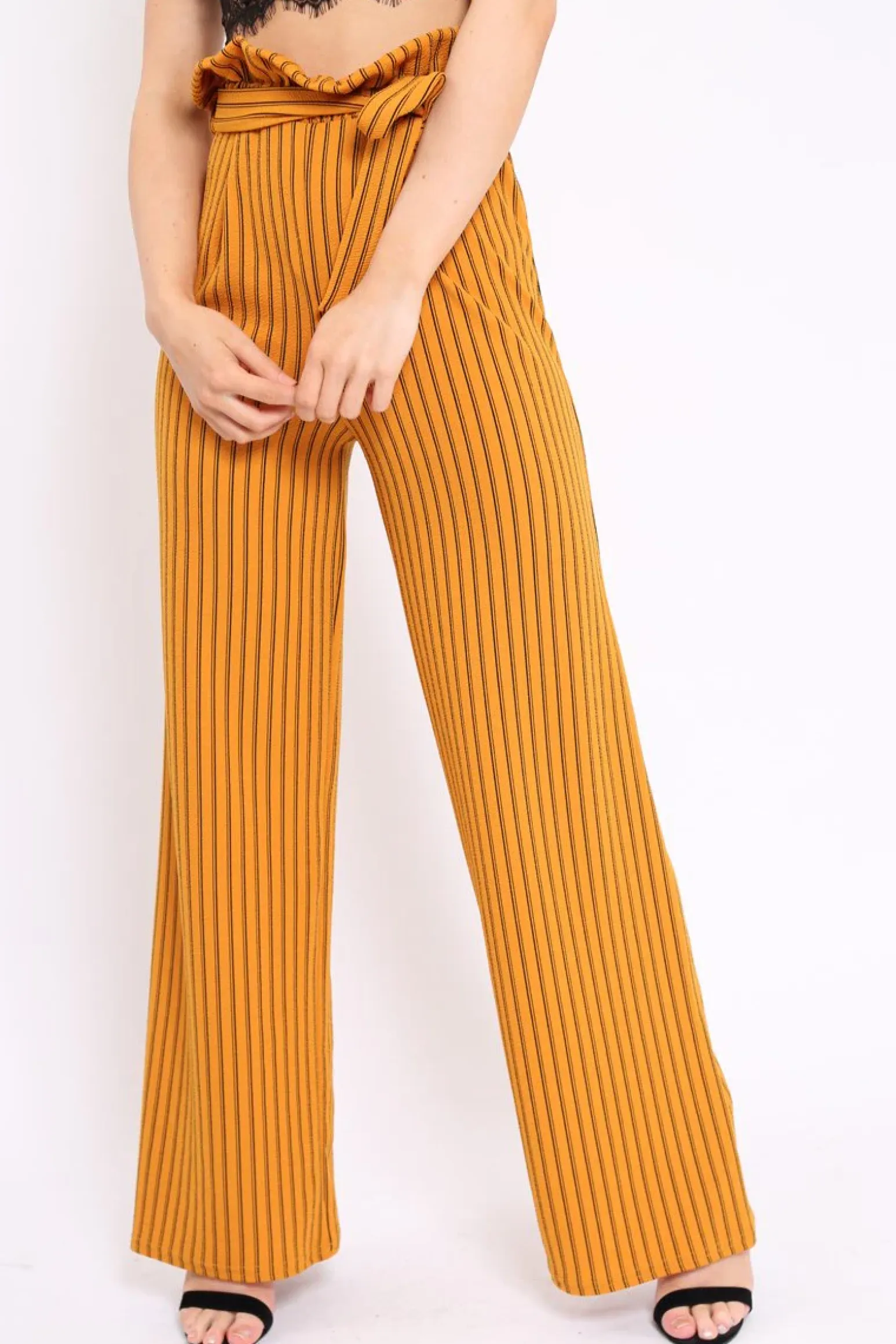 Rebellious Fashion Mustard Striped Paper Bag Tie Waist Wide Leg Trousers - Kennedy