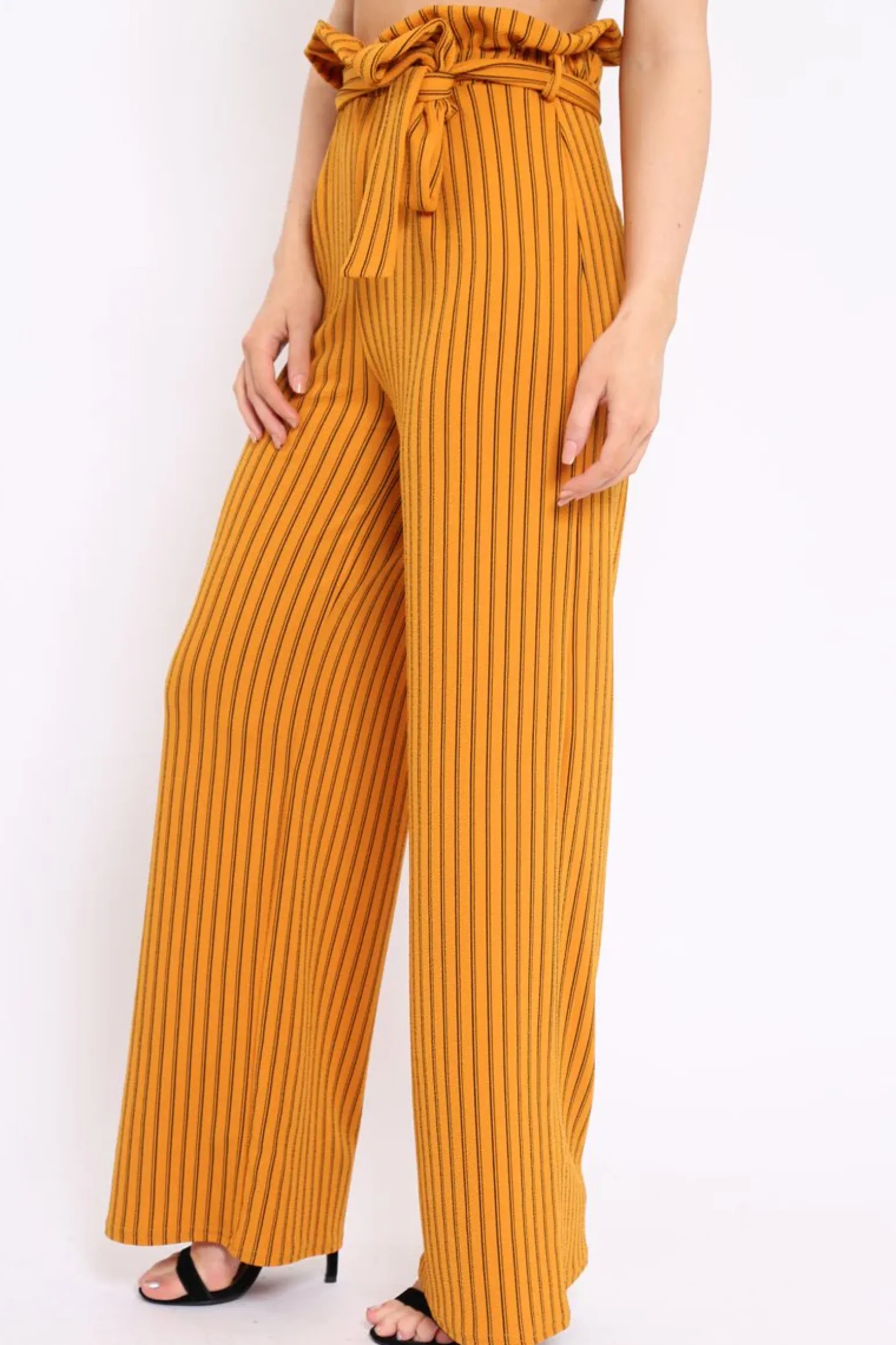 Rebellious Fashion Mustard Striped Paper Bag Tie Waist Wide Leg Trousers - Kennedy