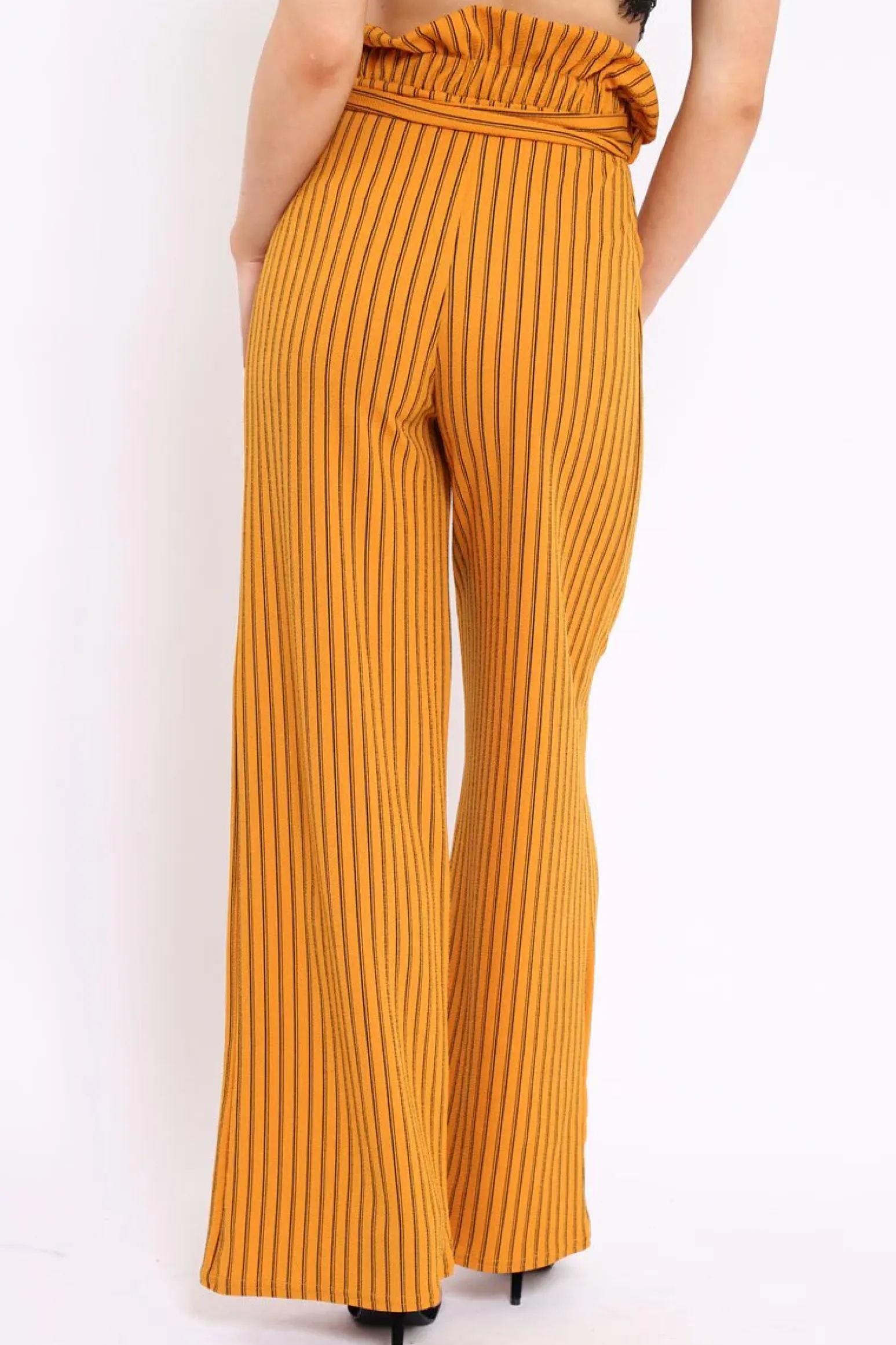 Rebellious Fashion Mustard Striped Paper Bag Tie Waist Wide Leg Trousers - Kennedy