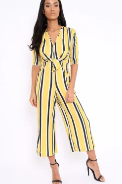 Rebellious Fashion Mustard Striped Tie Front Jumpsuit - Tabatha