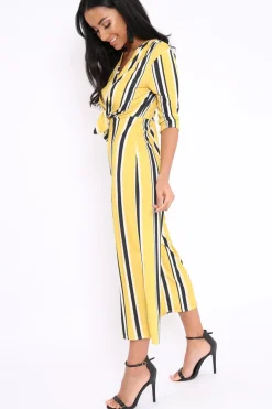 Rebellious Fashion Mustard Striped Tie Front Jumpsuit - Tabatha