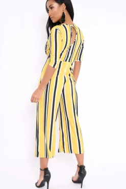 Rebellious Fashion Mustard Striped Tie Front Jumpsuit - Tabatha