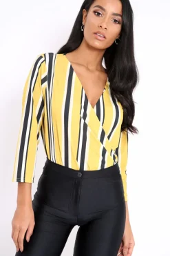 Rebellious Fashion Mustard Striped Wrap Front Plunge Bodysuit - Edie