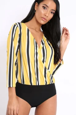 Rebellious Fashion Mustard Striped Wrap Front Plunge Bodysuit - Edie