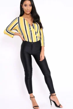 Rebellious Fashion Mustard Striped Wrap Front Plunge Bodysuit - Edie