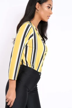 Rebellious Fashion Mustard Striped Wrap Front Plunge Bodysuit - Edie