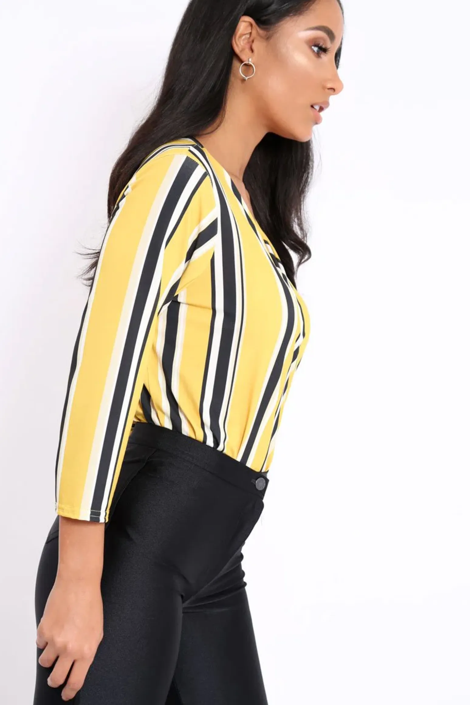 Rebellious Fashion Mustard Striped Wrap Front Plunge Bodysuit - Edie