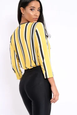 Rebellious Fashion Mustard Striped Wrap Front Plunge Bodysuit - Edie