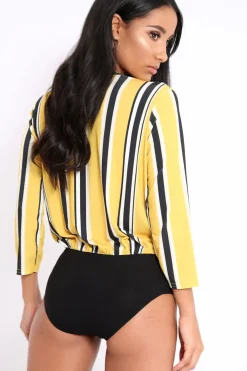 Rebellious Fashion Mustard Striped Wrap Front Plunge Bodysuit - Edie