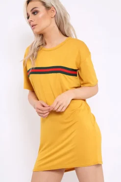 Rebellious Fashion Mustard Stripe Front T Shirt Dress - Kamden