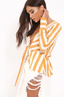 Rebellious Fashion Mustard Stripe Plunge Tie Front Shirt - Halina