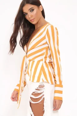 Rebellious Fashion Mustard Stripe Plunge Tie Front Shirt - Halina
