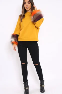 Rebellious Fashion Mustard Sweatshirt with Multicolour Fur Sleeves - Loise