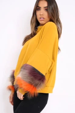 Rebellious Fashion Mustard Sweatshirt with Multicolour Fur Sleeves - Loise
