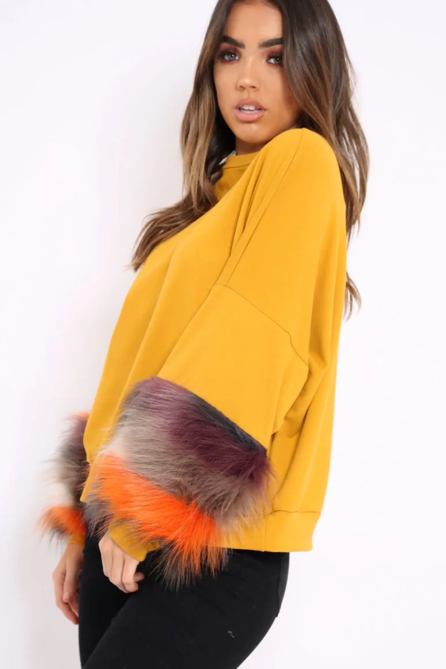 Rebellious Fashion Mustard Sweatshirt with Multicolour Fur Sleeves - Loise