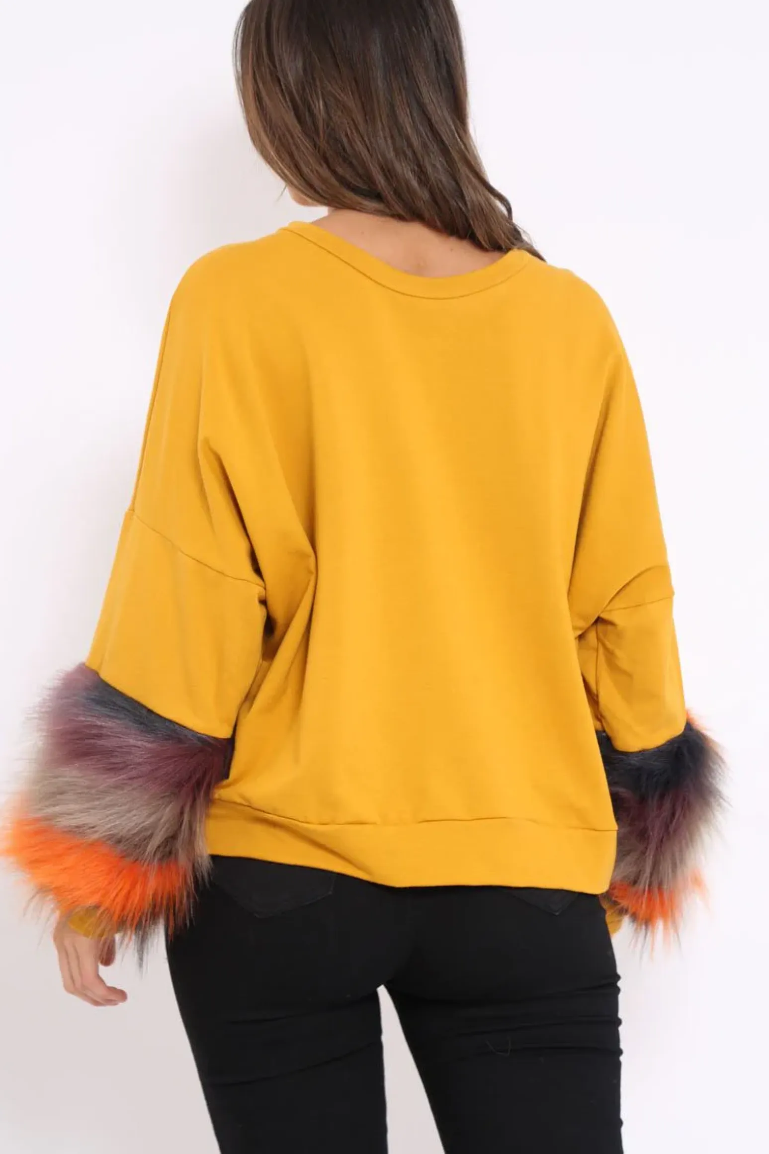 Rebellious Fashion Mustard Sweatshirt with Multicolour Fur Sleeves - Loise