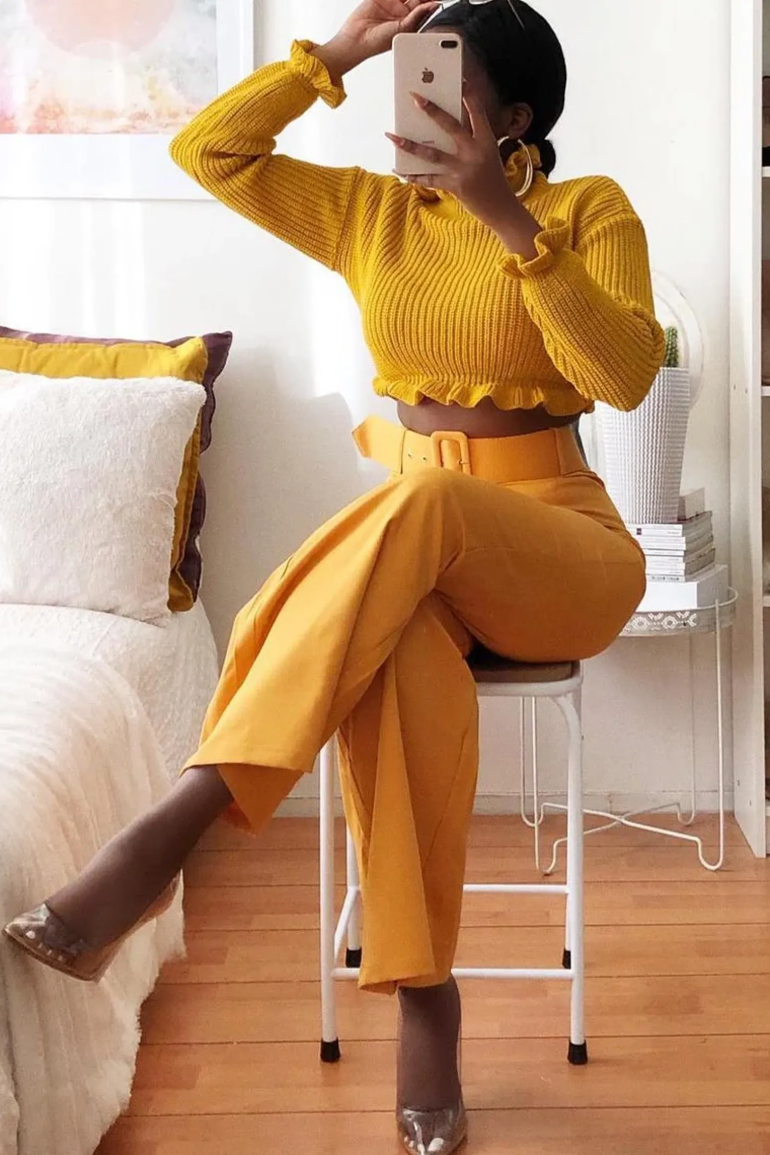 Rebellious Fashion Mustard Tailored Wide Leg Belted Trousers - Chenelle