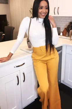 Rebellious Fashion Mustard Tailored Wide Leg Belted Trousers - Chenelle