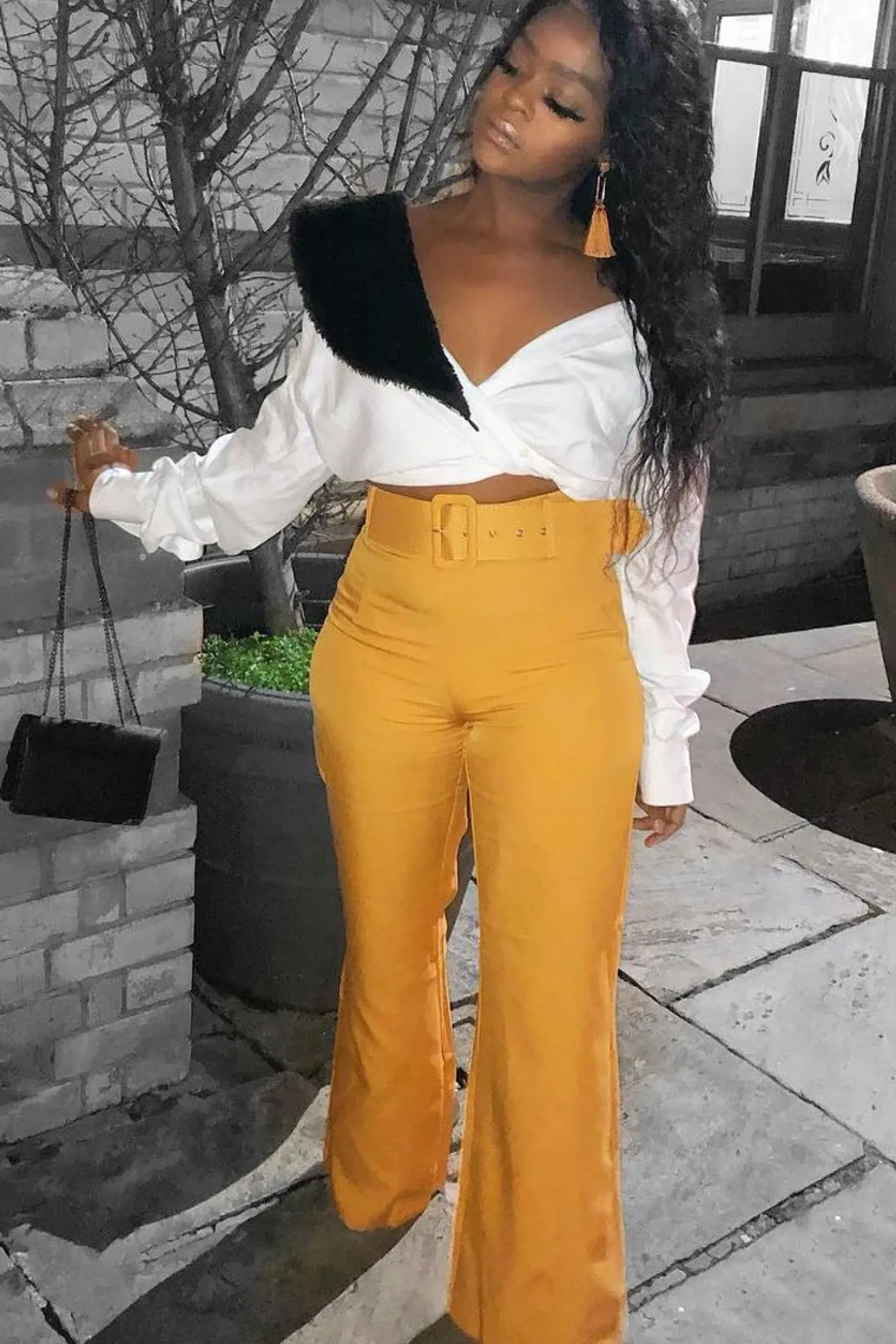 Rebellious Fashion Mustard Tailored Wide Leg Belted Trousers - Chenelle