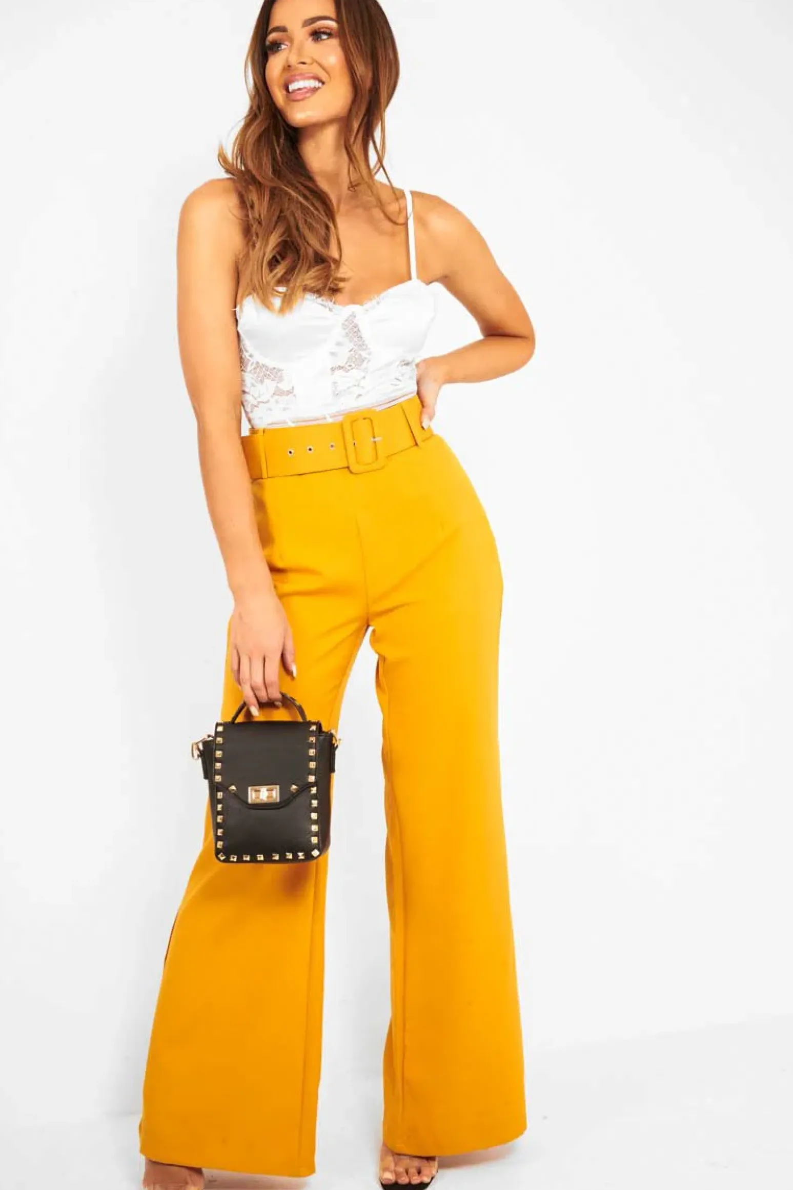 Rebellious Fashion Mustard Tailored Wide Leg Belted Trousers - Chenelle