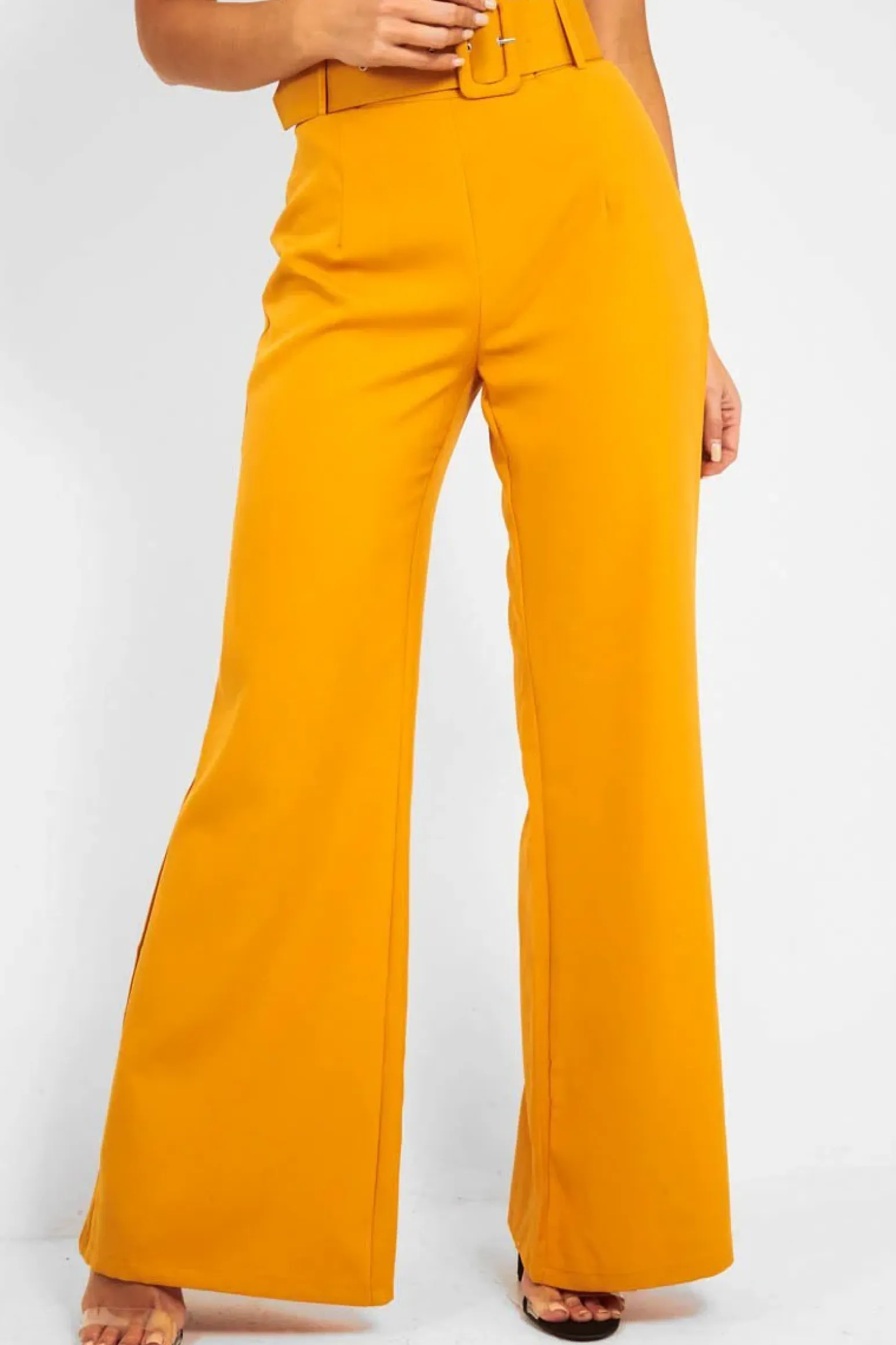 Rebellious Fashion Mustard Tailored Wide Leg Belted Trousers - Chenelle