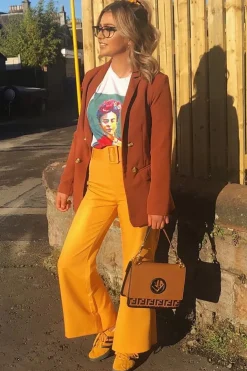 Rebellious Fashion Mustard Tailored Wide Leg Belted Trousers - Chenelle