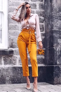 Rebellious Fashion Mustard Tapered Belted Cigarette Trousers - Myasia