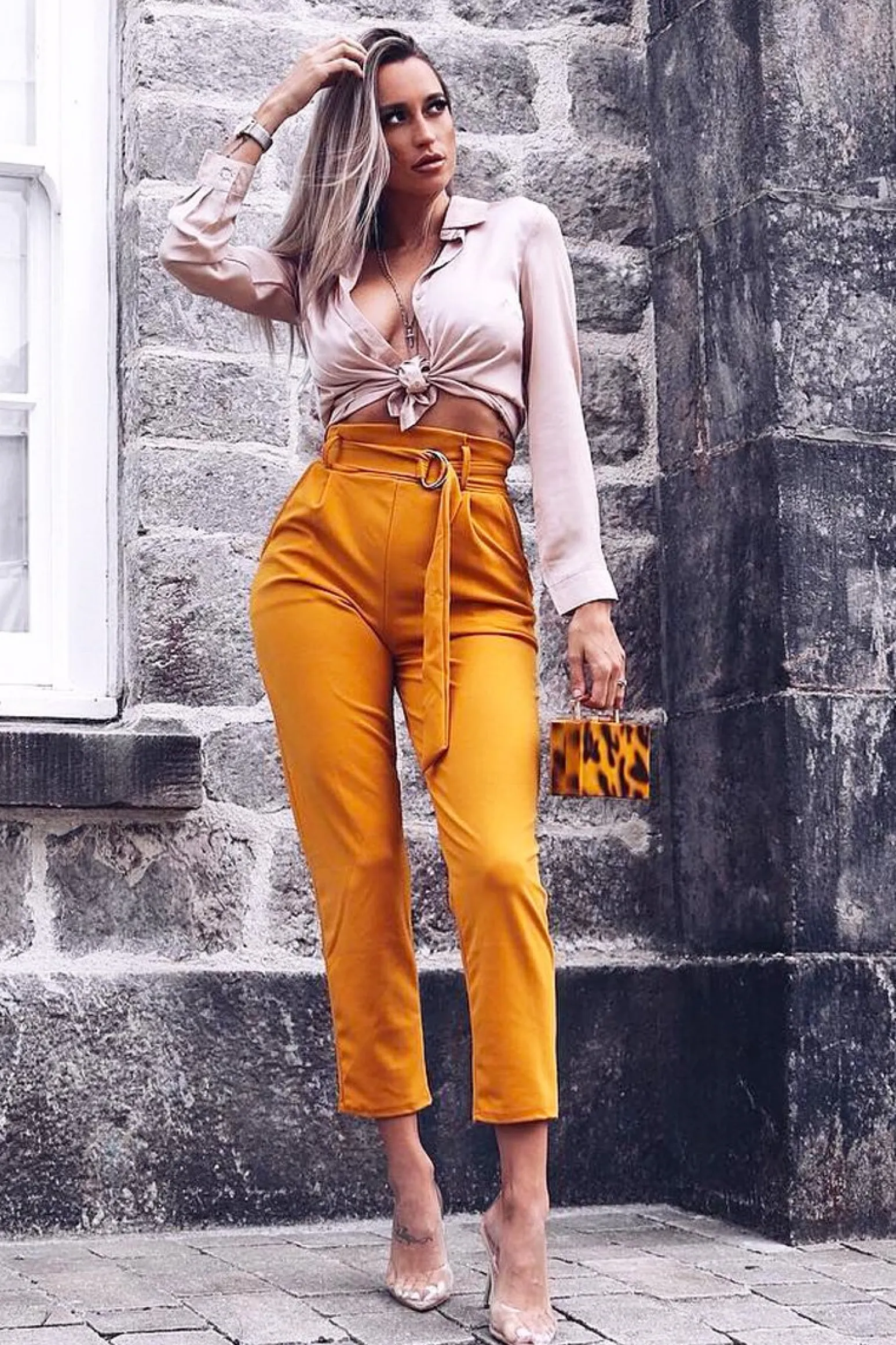 Rebellious Fashion Mustard Tapered Belted Cigarette Trousers - Myasia