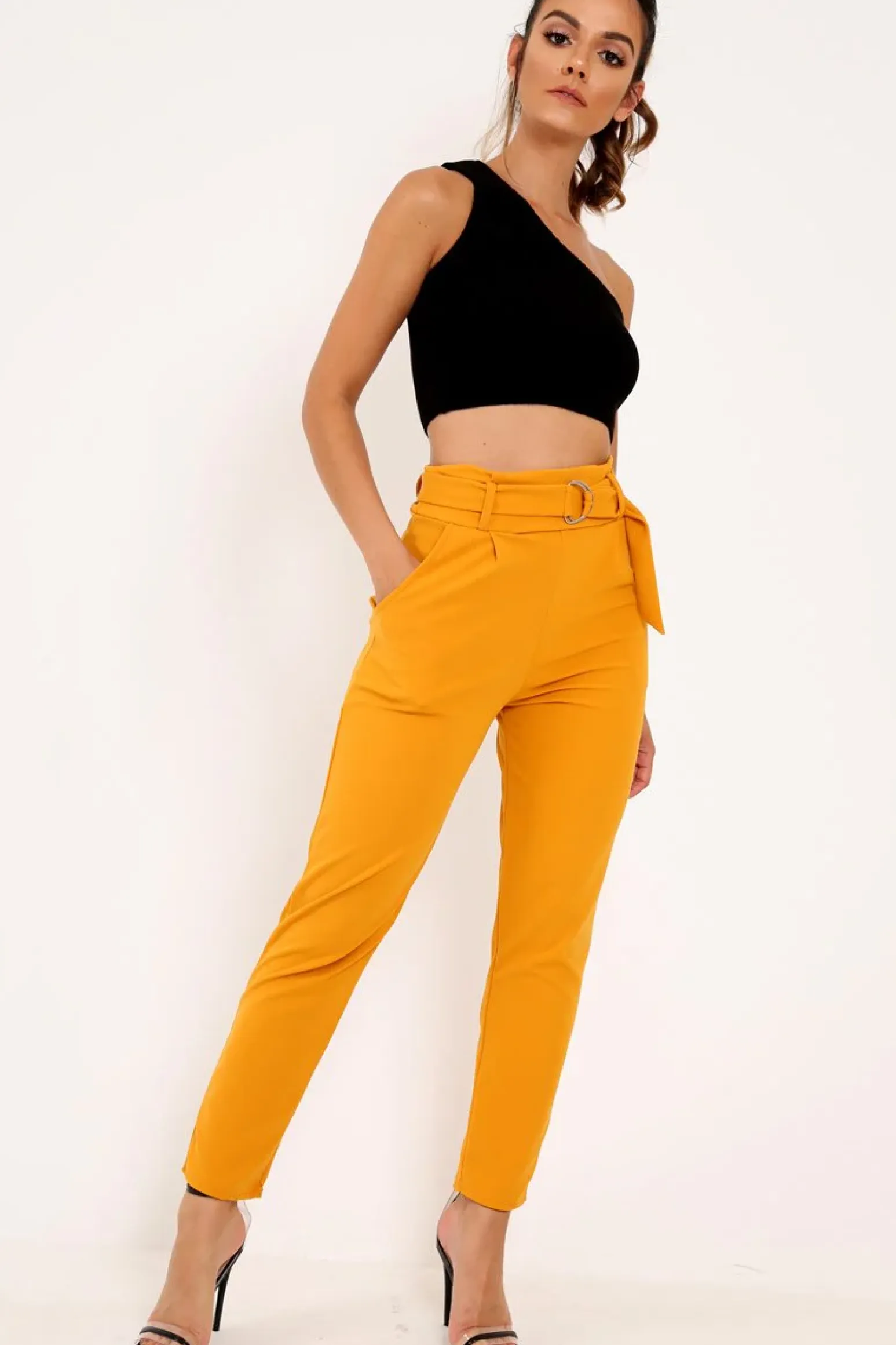 Rebellious Fashion Mustard Tapered Belted Cigarette Trousers - Myasia