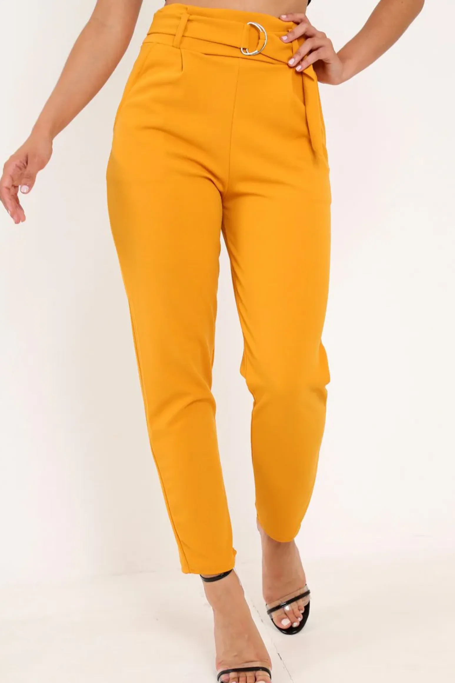 Rebellious Fashion Mustard Tapered Belted Cigarette Trousers - Myasia