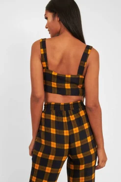 Rebellious Fashion Mustard Tartan Crop Top Cuffed Trousers Co-Ord - Kila