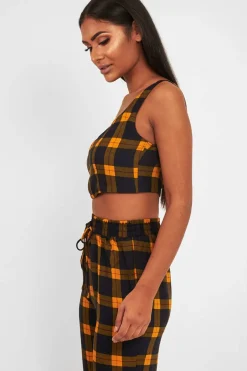 Rebellious Fashion Mustard Tartan Crop Top Cuffed Trousers Co-Ord - Kila
