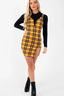 Rebellious Fashion Mustard Tartan Plunge Neck Mini Dress - Irisa