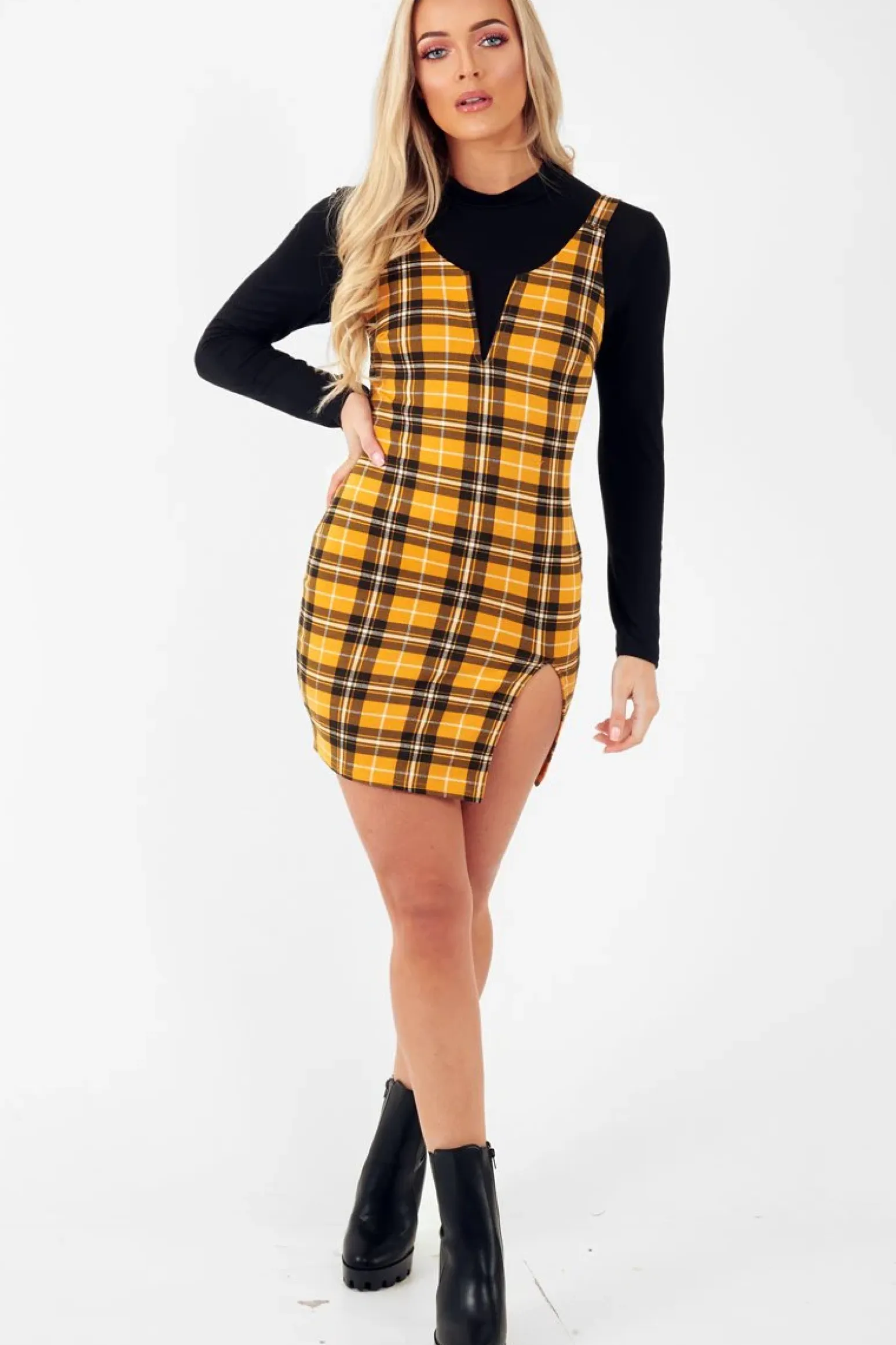 Rebellious Fashion Mustard Tartan Plunge Neck Mini Dress - Irisa