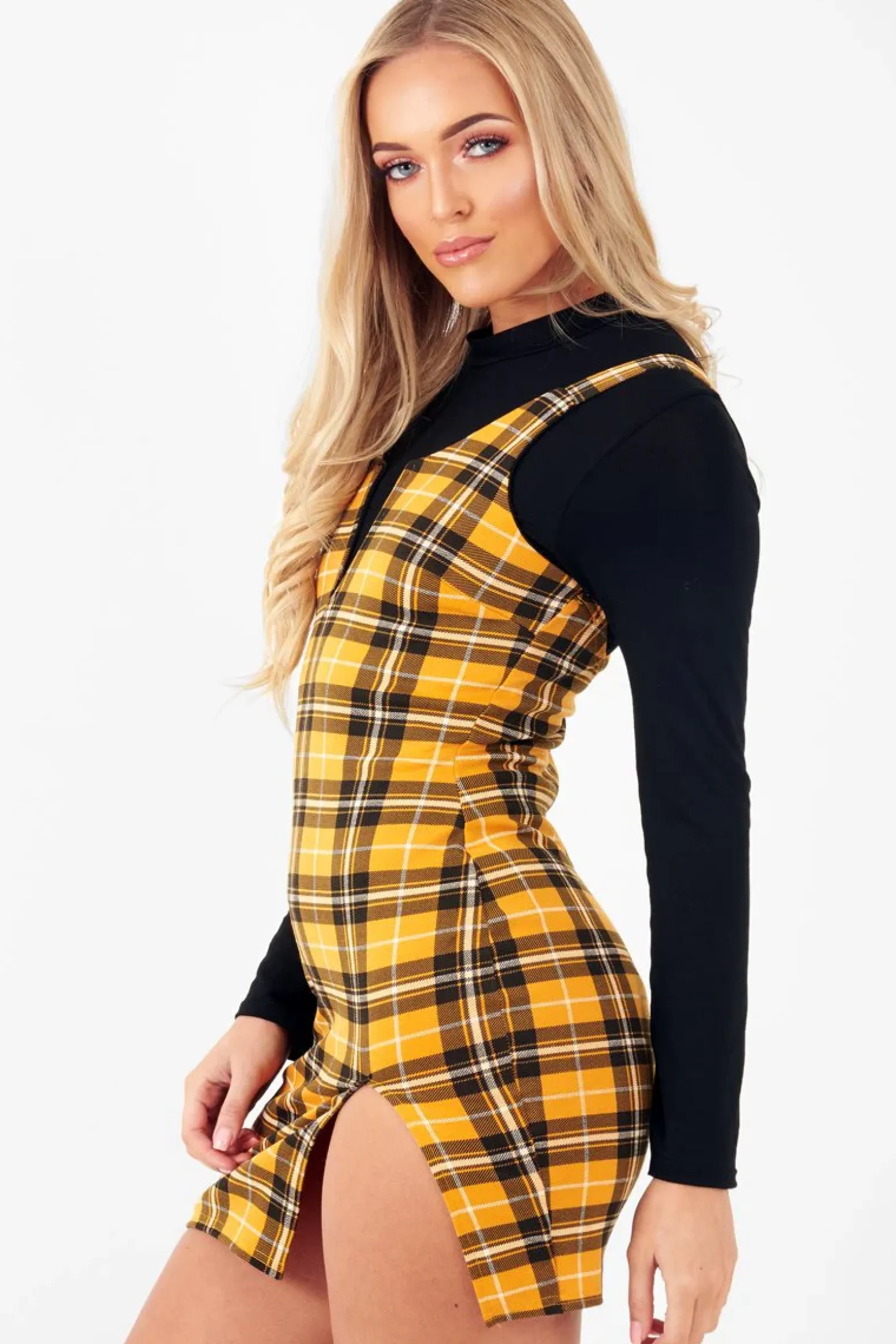 Rebellious Fashion Mustard Tartan Plunge Neck Mini Dress - Irisa