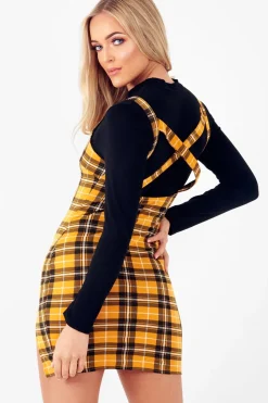Rebellious Fashion Mustard Tartan Plunge Neck Mini Dress - Irisa