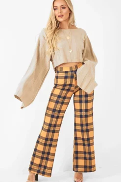 Rebellious Fashion Mustard Tartan Wide Leg Trousers - Kensy