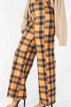 Rebellious Fashion Mustard Tartan Wide Leg Trousers - Kensy
