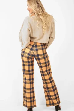 Rebellious Fashion Mustard Tartan Wide Leg Trousers - Kensy