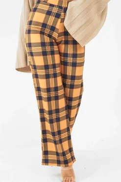 Rebellious Fashion Mustard Tartan Wide Leg Trousers - Kensy