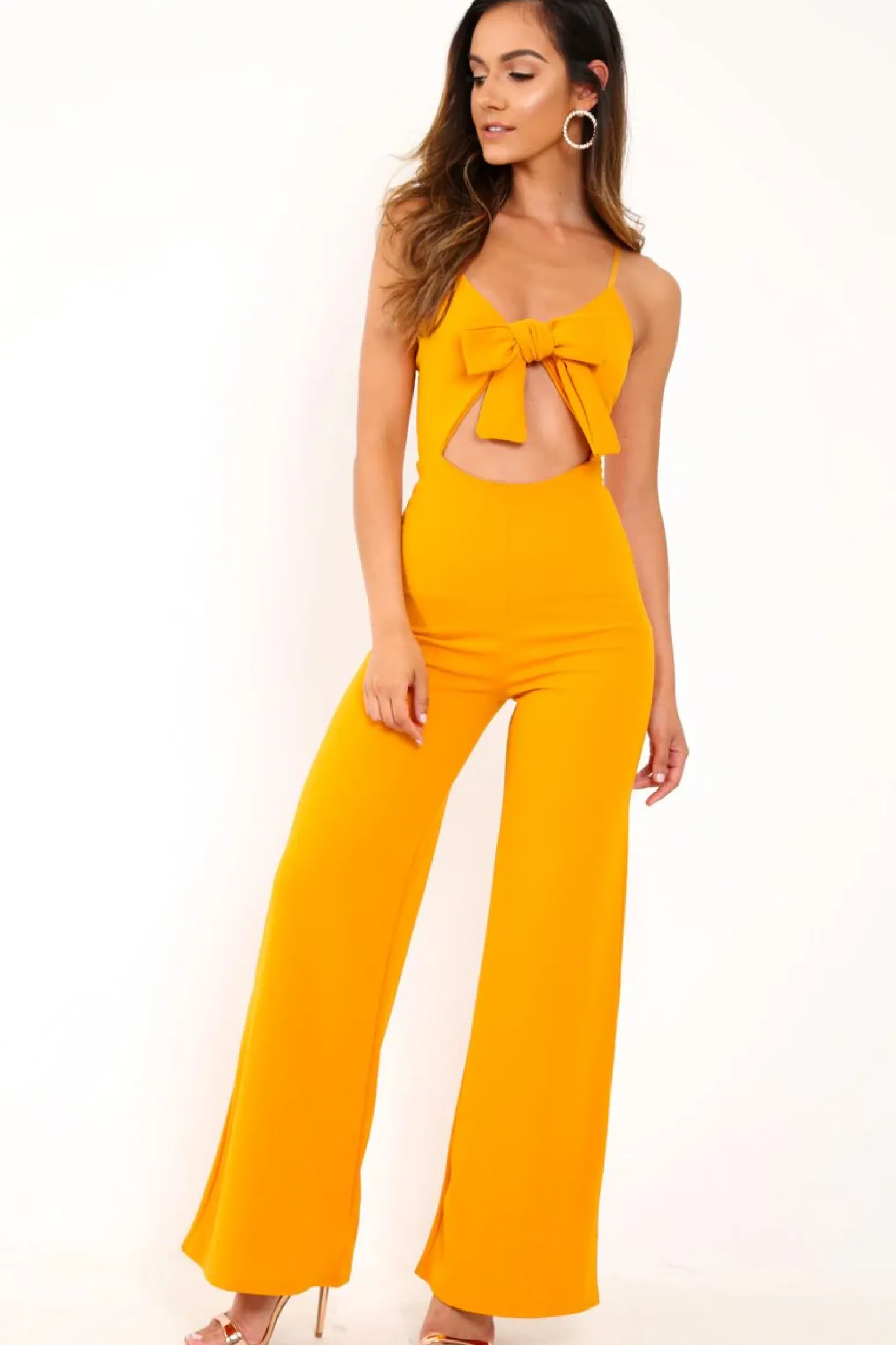 Rebellious Fashion Mustard Tie Front Cut Out Jumpsuit - Jodee