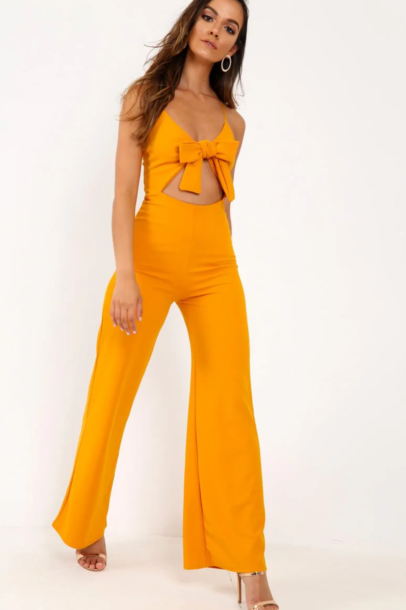 Rebellious Fashion Mustard Tie Front Cut Out Jumpsuit - Jodee