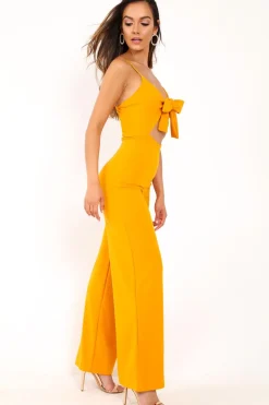 Rebellious Fashion Mustard Tie Front Cut Out Jumpsuit - Jodee