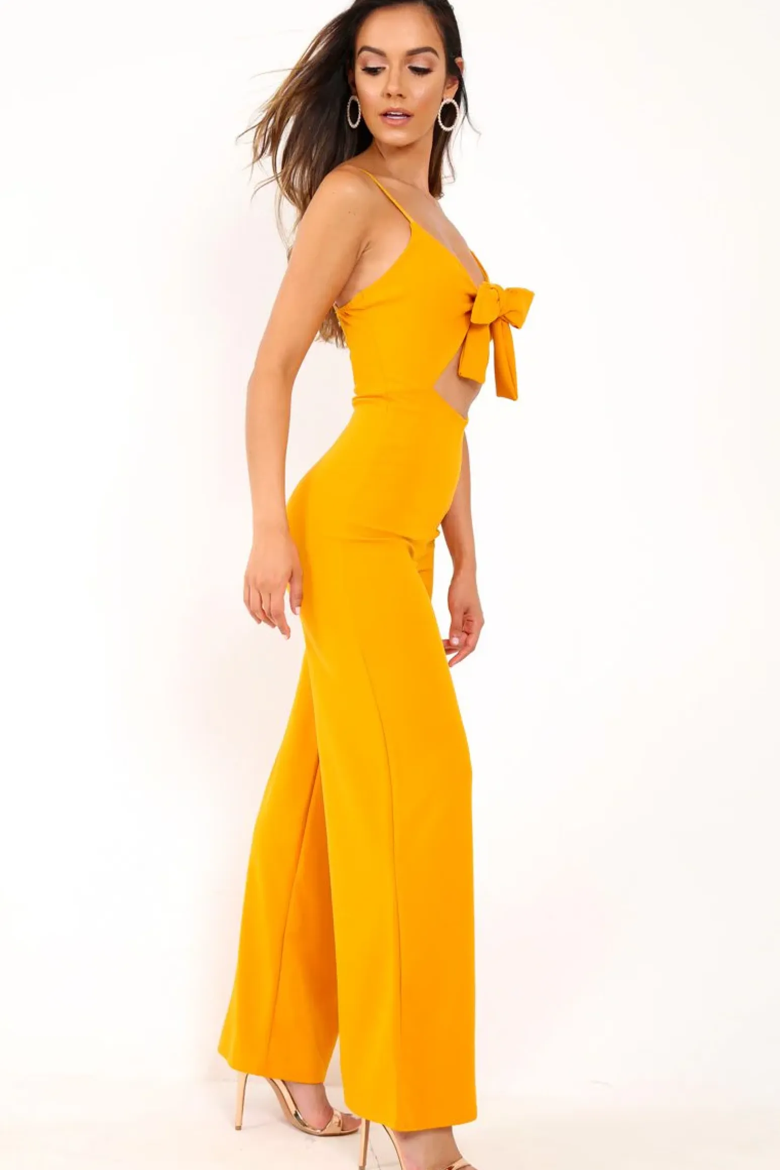 Rebellious Fashion Mustard Tie Front Cut Out Jumpsuit - Jodee