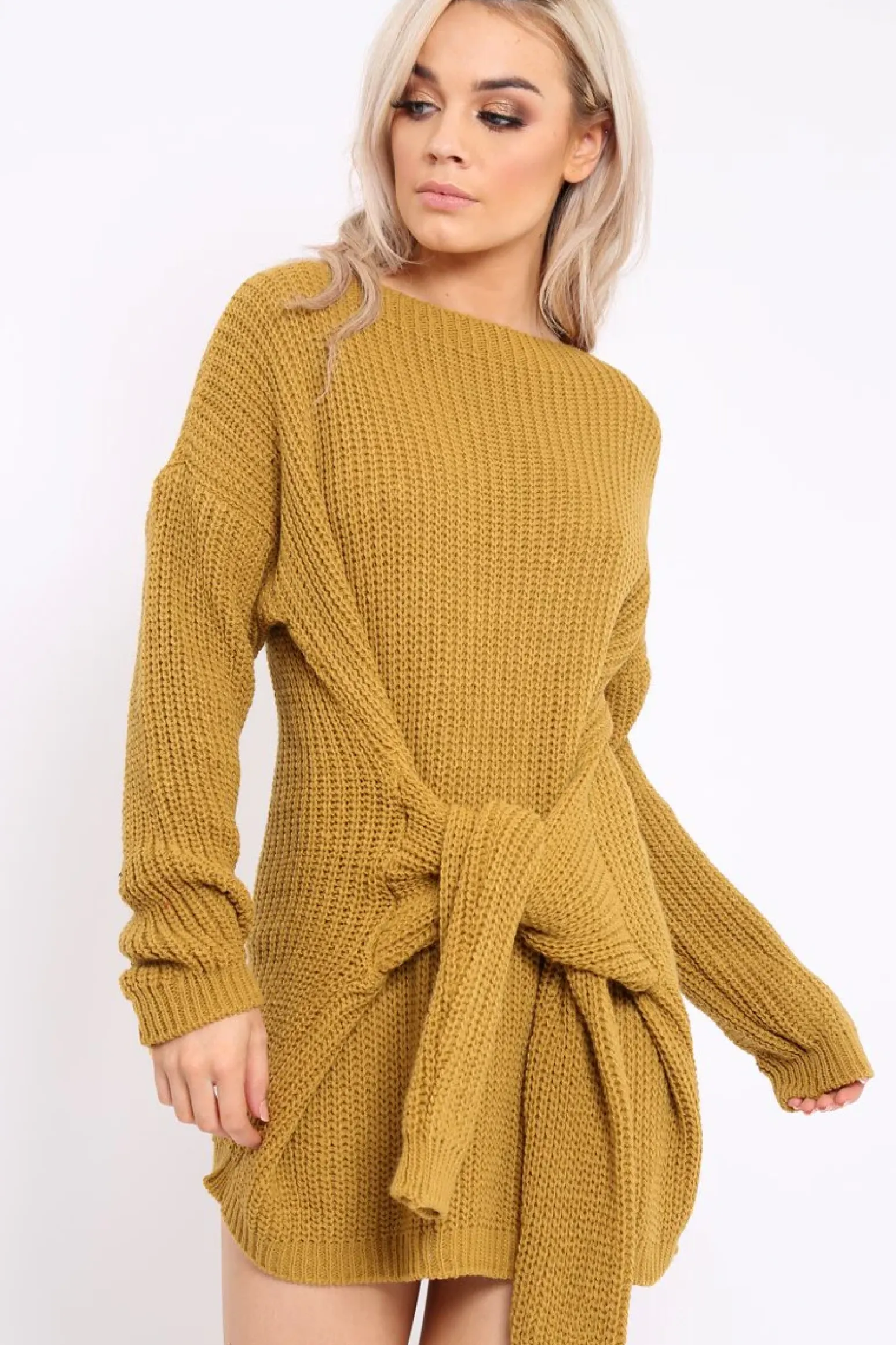 Rebellious Fashion Mustard Tie Front Knitted Jumper Dress - Harley