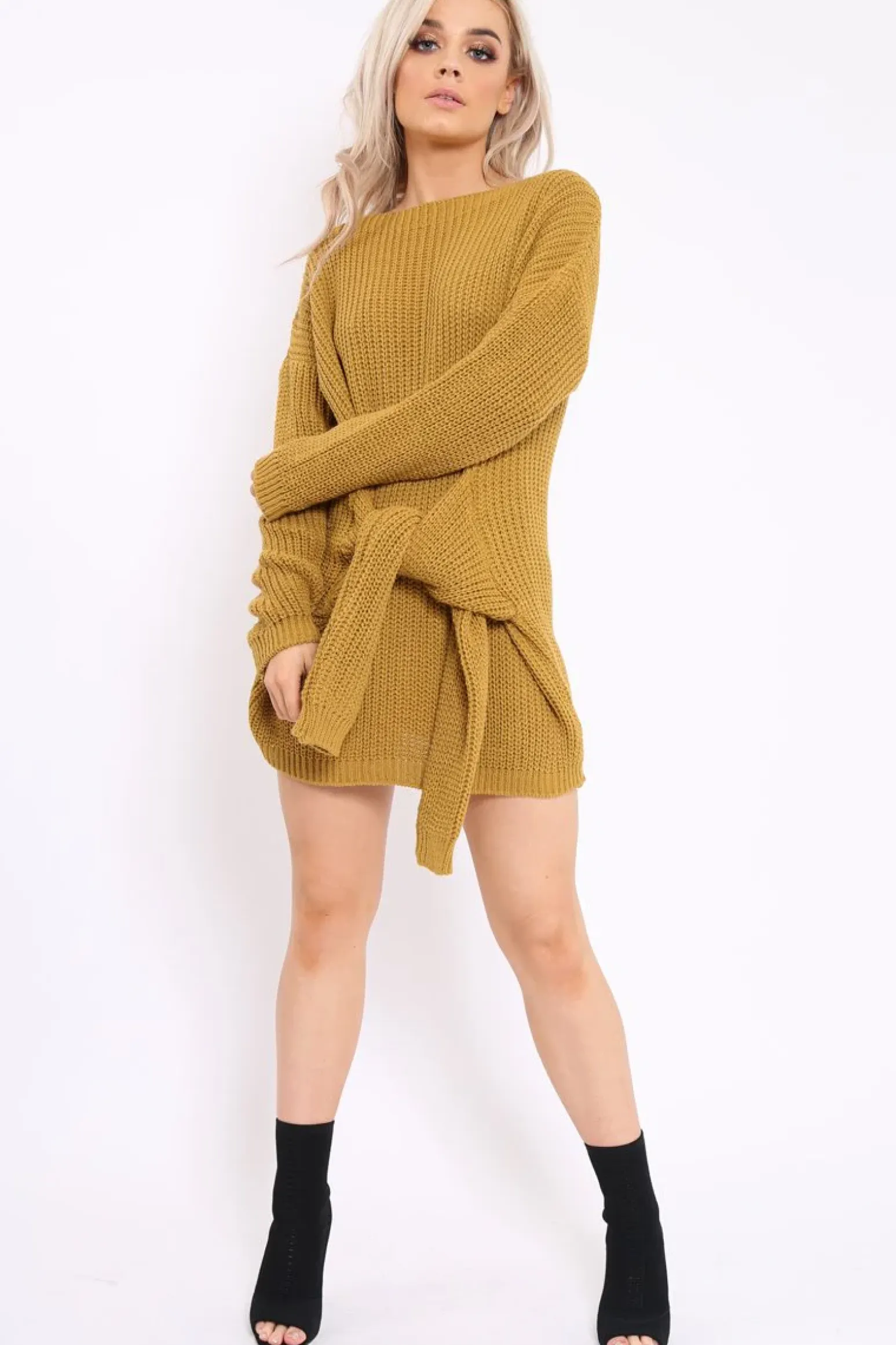 Rebellious Fashion Mustard Tie Front Knitted Jumper Dress - Harley