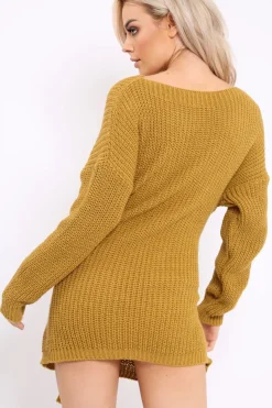 Rebellious Fashion Mustard Tie Front Knitted Jumper Dress - Harley