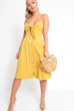 Rebellious Fashion Mustard Tie Front Midi Dress - Onida