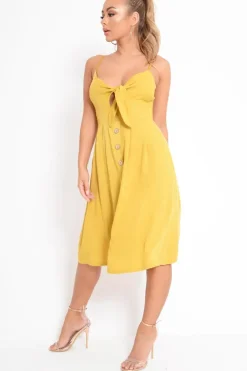 Rebellious Fashion Mustard Tie Front Midi Dress - Onida