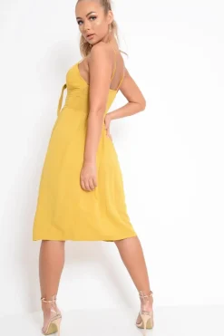 Rebellious Fashion Mustard Tie Front Midi Dress - Onida